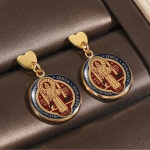 St. Benedict Gold and Blue Heart Drop Earrings spiritual